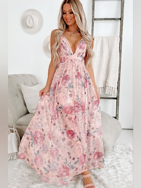 Ditzys Boutique Dresses & Skirts - Blushing Peony Pink Floral Sleeveless Maxi Dress With V-Neck
